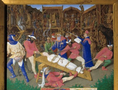 Die Gelübde der Heiligen. Martyrium der Heiligen Apolline. Die christliche Heilige Apolline von Alexandria wird 249 n. Chr. von den Heiden gefoltert. Die Henker ziehen ihr an den Haaren und brechen ihr die Zähne. Kaiser Dece ist ein Zuschauer. Detail einer von Jean Fouquet