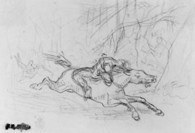 Rückansicht eines Mannes auf einem wilden Pferd im Wald. Simon Butler von Jean Francois Millet