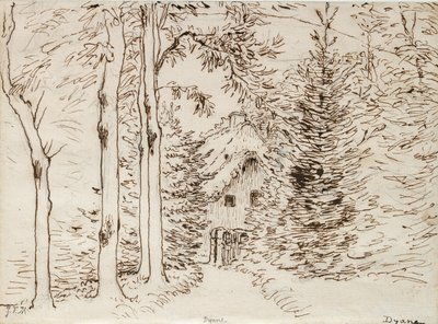 Pfad durch den Wald zu einem strohgedeckten Haus von Jean Francois Millet