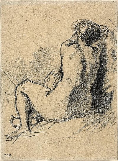 Studie: Nackte Frau von hinten gesehen (recto) Skizzen von arbeitenden Bauern (verso) von Jean Francois Millet