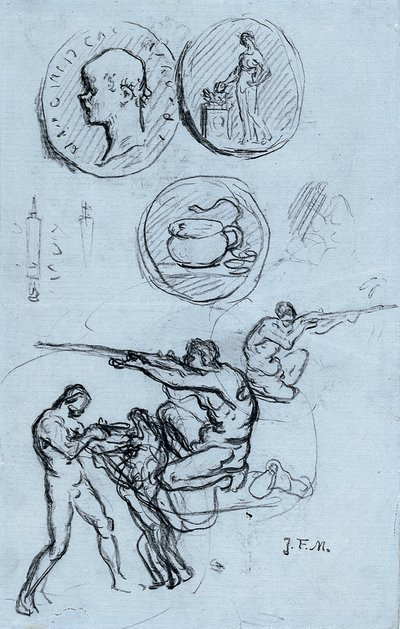 Drei Studien für antike Münzen, Jäger und einen Mann mit einem Löwen von Jean Francois Millet