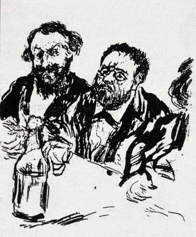 Der Maler Edouard Manet und der Schriftsteller Emile Zola am Tisch. Karikatur von Jean Francois Raffaelli von Jean Francois Raffaelli