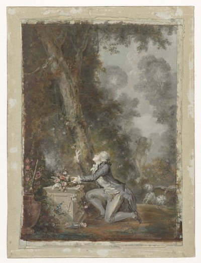 Junger Mann kniend an einem Liebesaltar in einem Garten von Jean Frederic Schall