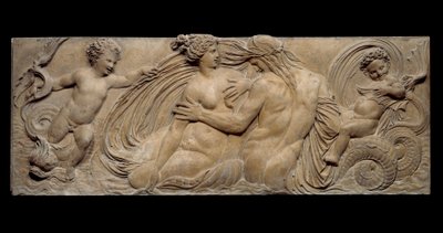 Nymphe und kleiner Genie reiten auf einem Meerespferd; Nymphe und Triton umgeben von zwei kleinen Genies (Steinskulptur) von Jean Goujon