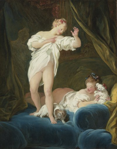 Zwei Mädchen auf einem Bett spielen mit ihren Hunden von Jean Honore Fragonard