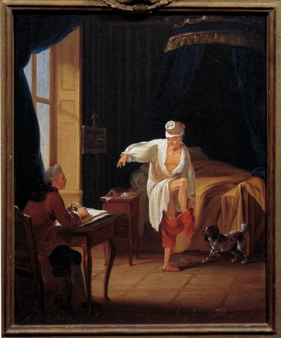 Der Schriftsteller und Philosoph Voltaire (1694-1778) diktiert seinem Sekretär Collini in Ferney von Jean Huber