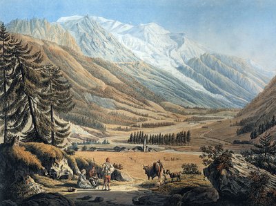 Blick auf das Chamonix-Tal, vom Dorf Argentiere von Jean Daniel Huber während der Reise ca. 1785 (Gravur) von Jean Huber