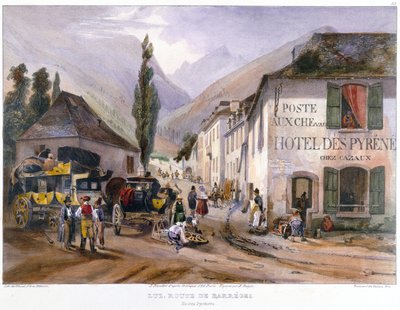 Ankunft und Reparatur einer Postkutsche in Luz auf dem Weg nach Barreges, ca. 1840 von Jean Jacottet