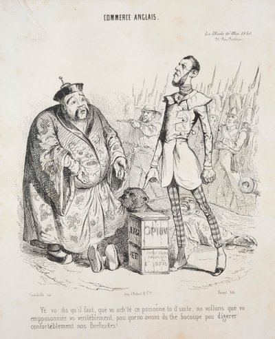Englischer Handel. Ich sage Ihnen, Sie müssen dieses Gift sofort kaufen, wir wollen, dass Sie sich wirklich vergiften, damit wir viel Tee haben, um unsere Steaks bequem zu verdauen! von Jean Jacques Grandville