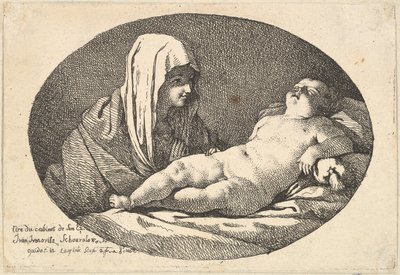 Die Jungfrau links beobachtet das schlafende Jesuskind, eine ovale Komposition, nach ..., 1760-63 von Jean Jacques Lagrenee