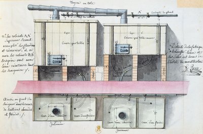 Entwurf für ein System zur Wassererwärmung im Hotel de Montholon in Paris, ca. 1787 von Jean Jacques Lequeu