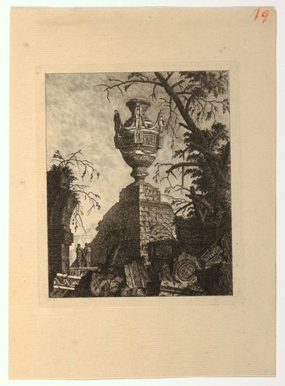Pyramide mit einem monumentalen Vase, aus "Collection de divers sujets de vases, tombeaux, ruines et fontaines, utile aux artistes..." von Jean Laurent Legeay