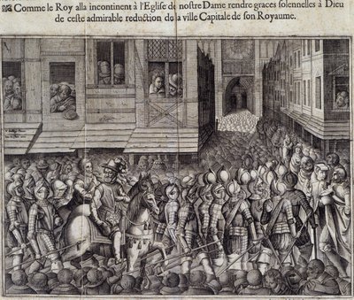 Einzug von Heinrich IV. (1553 - 1610) in Paris am 22. März 1594 und Gang zur Kathedrale Notre Dame zur Messe - Gravur von Jean Lecler, nach Bollery, Musée de Notre Dame de Paris von Jean Leclerc
