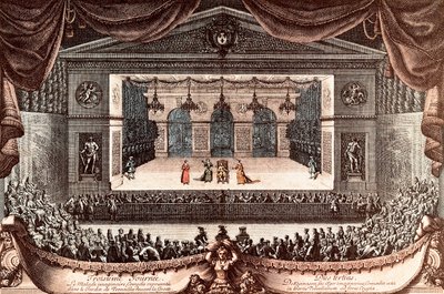 "Der eingebildete Kranke" von Jean Baptiste Poquelin genannt Molière in Versailles (farbige Gravur) von Jean Lepautre