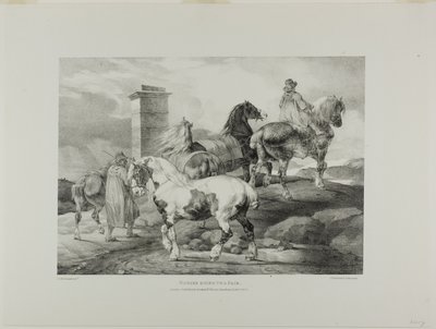 Pferde gehen zu einem Jahrmarkt, Platte 3 aus Verschiedene Motive aus dem Leben und auf Stein gezeichnet (Die Englische Suite) von Jean Louis André Théodore Géricault