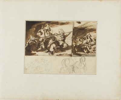 Drei Skizzen einer Reiterschlacht und eine Skizze von zwei von Jean Louis André Théodore Géricault