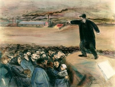 Ein Agitator vor den Arbeitern. Ein Anführer der Arbeiterbewegung fordert in einer Rede die Rechte der Arbeiter. Jean-Louis Forain (1852-1931) 20. Jahrhundert. Privatsammlung von Jean Louis Forain
