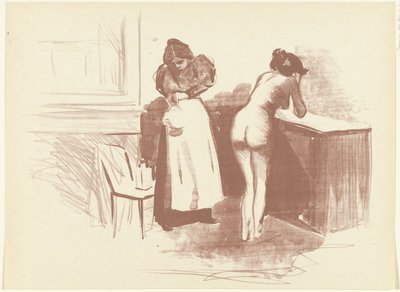 Nackte Frau wäscht sich und Dienerin steht neben ihr von Jean Louis Forain