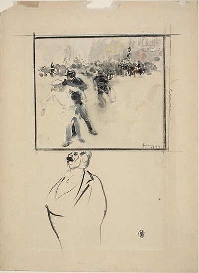 Skizzen einer gerahmten Aufruhrszene und eines Mannes (recto); Frau mit Haube (verso) von Jean Louis Forain