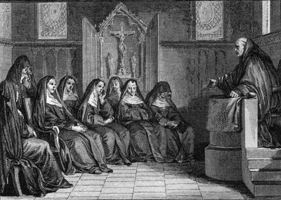 Abelard und Heloise: Pierre Abelard wurde Mönch der Abtei Saint Denis. Gravur von Jean Michel Moreau, genannt Moreau le Jeune. von Jean Michel the Younger Moreau