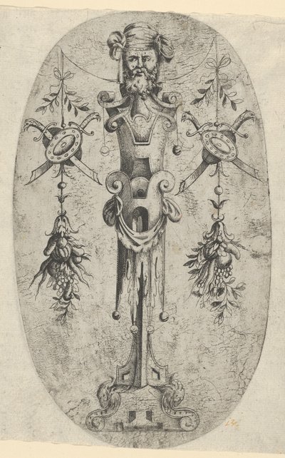 Männliche Endfigur, Kopf mit Bart und Turban auf einem dreiviertel Riemenwerk von Jean Mignon