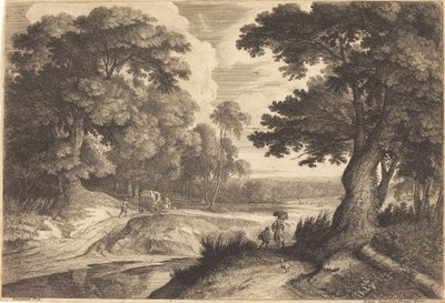 Waldrand mit Bauern auf dem Weg zum Markt von Jean Morin, after Jacques Fouquières