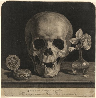 Stillleben mit einem Schädel und einer Vase mit Rosen von Jean Morin, after Philippe de Champaigne
