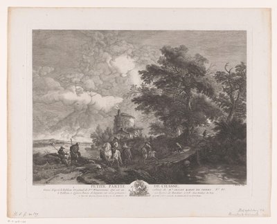 Jagdgesellschaft in einer Landschaft mit Brücke (Serientitel) von Jean Moyreau