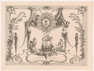 Entwurf für eine Wandverkleidung mit Kindern bei einem Brunnen (Les Enfans de Momus) (Oeuvre von Antoine Watteau) von Jean Moyreau
