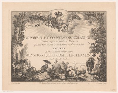 Titelblatt mit Figuren und Tieren in einer Landschaft, mit dem Porträt von Philips Wouwerman von Jean Moyreau
