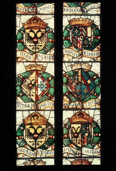 Heraldische Wappen der königlichen Familien von Österreich, Deutschland, Frankreich und Portugal, verbunden mit der Stifterin Margarete von Österreich, 1527-29 von Jean Orquois Antoine Noisin