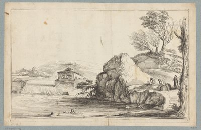 Landschaft mit Schwimmern bei einem kleinen Wasserfall von Jean Pesne