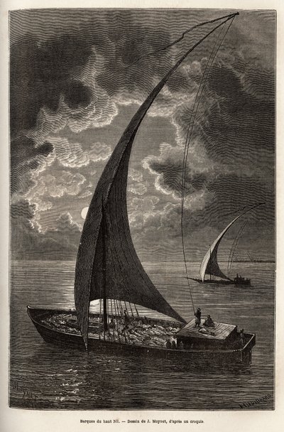 Die Boote des oberen Nils, reduzierte Besatzung und Passagiere schlafen an Deck, im Mondlicht, Gravur nach J. Moynets Zeichnung, zur Illustration der Reise ins Herz Afrikas 1868-1871, von Dr. Georges Schweinfurth, veröffentlicht in „Le Tour du Monde“ 1874, von Jean Pierre Moynet