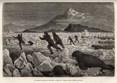 Ein Teil der Besatzung des Schiffes La Germania, auf den Clavering-Inseln, stieg auf das Eis, um zu jagen, wurde selbst von Walrossen gejagt, die aus dem Wasser kamen, graviert nach der Zeichnung von J. Moynet, zur Illustration einer Reise zum Nordpol 1869 von Jean Pierre Moynet
