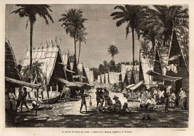 Der Marsch von Dobbo, auf der Arou-Insel, ein Hafen, belebt von vielen Händlern und Schiffbauern, graviert nach der Zeichnung von J. Moynet, zur Illustration der Reise in den malaysischen Archipel 1854-1862, von Alfred Russell Wallace (1823-1913), einem br von Jean Pierre Moynet