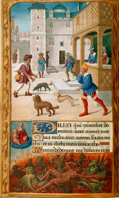 Miniatur mit Dives, der mit seiner Frau feiert und von Lazarus angesprochen wird, in einer Stadtlandschaft, gefolgt im unteren Rand von Dives, der von Dämonen gequält wird und von der Seele von Lazarus beobachtet wird, die von Gott im Himmel gehalten wird von Jean Poyer
