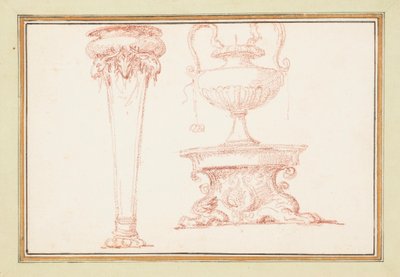 Gebundenes Zeichnen, eine Vase und eine Lampe auf einem Ständer, in Dessins d