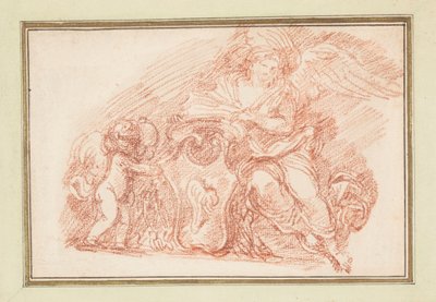 Geflügelte Figur und Putto, die ein Wappenschild halten von Jean Robert Ango