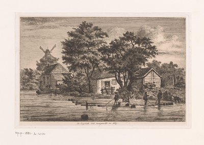 Ansicht der englischen Festung in Antwerpen, auf der Baumstämme gesammelt werden, im Hintergrund Gebäude und eine Mühle von Jean Théodore Joseph Linnig