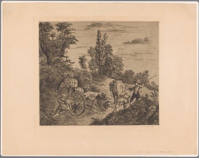 Landschaft mit einem im Wasser steckengebliebenen Wagen, der von einer Gruppe Männer an Land gezogen wird von Jean Théodore Joseph Linnig