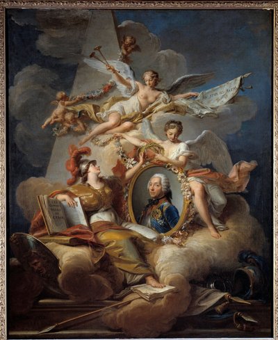 Allegorisches Porträt von Louis Charles Auguste Fouquet, Herzog von Belle Isle, Marschall von Frankreich (1684-1761). Gemälde in einem Gemälde. Gemälde von Jean Valade (1758) von Jean Valade