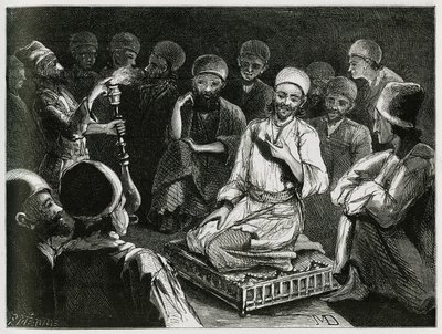 Persischer Geschichtenerzähler umgeben von seinem Publikum. Gravur des Reisenden Autors zur Illustration der Geschichte „Persien, Chaldäa und Susiane“ von Jeanne Dieulafoy