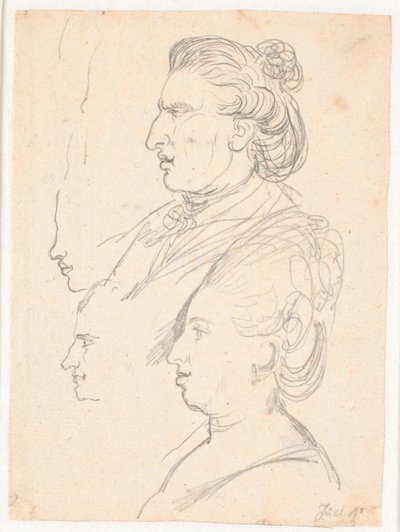 Profilporträts von Königin Caroline Mathilde, J.F. Struensee und Enevold Brandt, sowie ein Entwurf, möglicherweise von Juel selbst. Alle im Profil nach links von Jens Juel