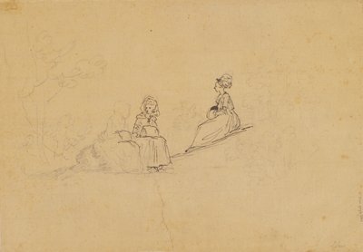 Drei Damen mit Muffen auf einem Hang im Freien, hinter ihnen angedeutet eine vierte Figur mit Kind auf dem Arm von Jens Juel
