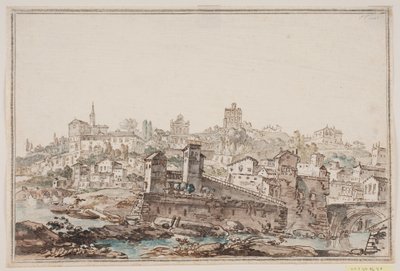 Stadtansicht mit Häusern und Kirche am Fluss. Antikes Rom von Jens Petersen Lund