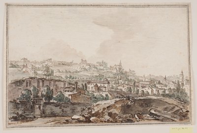 Stadtansicht mit Häusern und Mauer am Fluss; im Hintergrund Kirchen und Paläste von Jens Petersen Lund