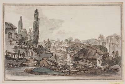 Prospekt mit hohen Bäumen, Gebäuden und Ruinen von Jens Petersen Lund