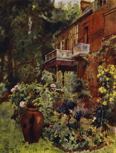 Leighton House, Der Studio-Balkon, vom Garten aus (Farblithografie) von Jessie MacGregor