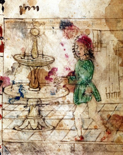 Judentum: rituelle Waschung. Miniatur aus einer Seite eines Machazor auf Hebräisch. 15. Jahrhundert. Biblioteca Palatina, Parma von Jewish School