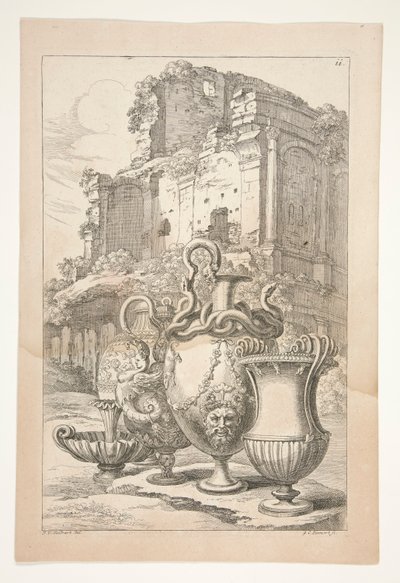Vasen in einer Landschaft unter antiken Ruinen von Joachim von Sandrart